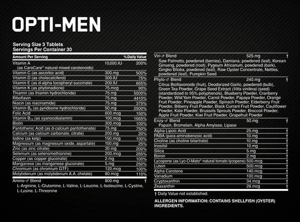 Opti-Men Men's Multivitamin 150 Tablets Supplement Facts